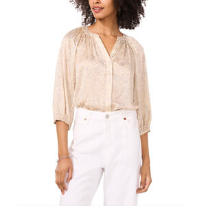 Vince Camuto Women Printed Split Neck 3/4 Raglan-Sleeve Top Vanilla Ice Size XL